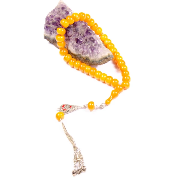 Tekerlek Kesim 11x8 mm  Sıkma Kehribar 32 Cm Alpaka Püsküllü Tesbih - Resim 2