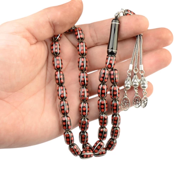 Kapsül Kesim 11x7 mm İşlemeli Erzurum Oltu Taşı  Gümüş Püsküllü Tesbih - 2