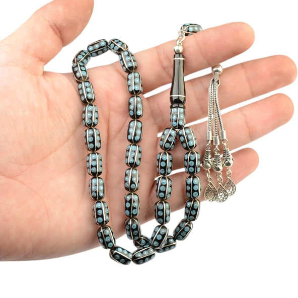 Kapsül Kesim 12x7 mm İşlemeli Erzurum Oltu Taşı  Gümüş Püsküllü Tesbih - 2