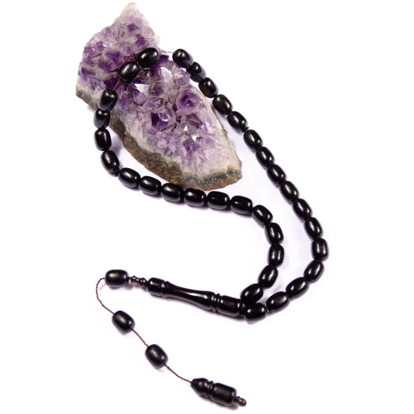 Kapsül Kesim 11x8 mm Siyah Renk Sıkma Kehribar  Sistem Püsküllü Tesbih - Resim 2