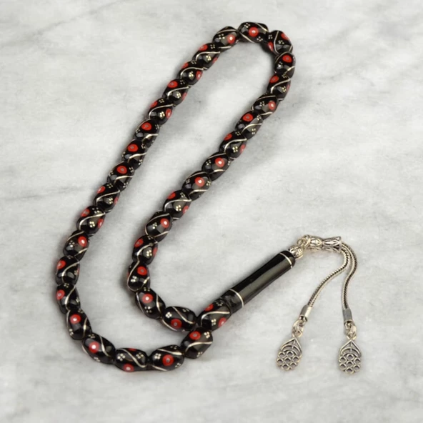 Kapsül Kesim 10x7 mm İşlemeli Erzurum Oltu Taşı  Gümüş Püsküllü Tesbih ürün görseli 1