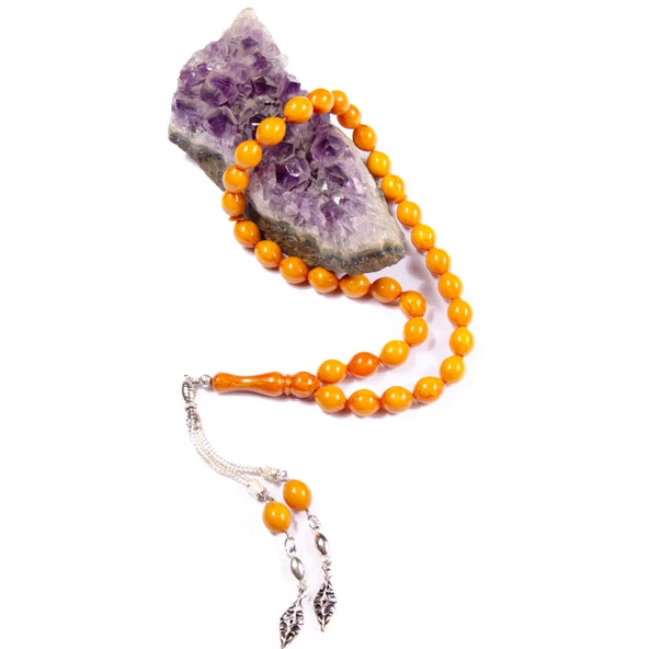 Beyzi Kesim 11x9 mm Hareli Sıkma Kehribar Alpaka Püsküllü Tesbih - Resim 2