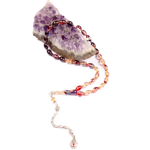 Arpa Kesim 11x7 mm Ateş Kehribar 32 Cm Alpaka Püsküllü Tesbih - Resim 2