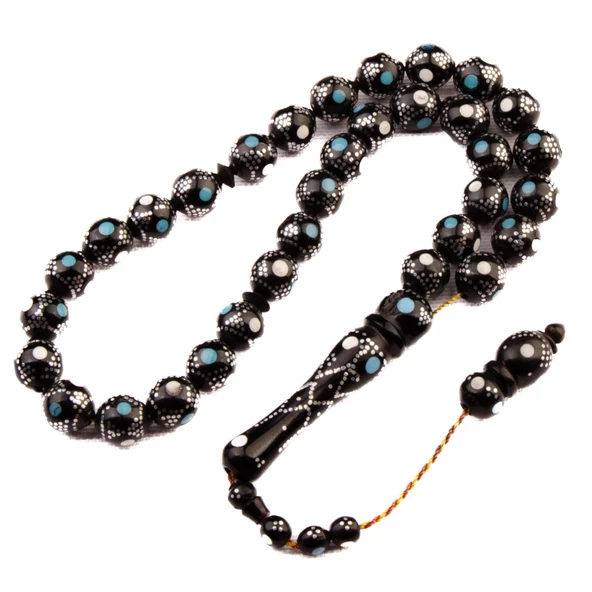 Firuze- Sedef İşlemeli Küre Kesim 9x9 mm Kuka Sistem Püsküllü Tesbih ürün görseli 1