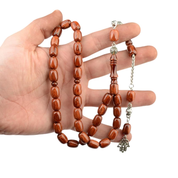 Kapsül Kesim 12x9 mm Sıkma Kehribar Alpaka Püsküllü Tesbih - Resim 2