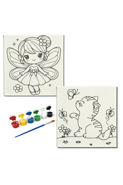 dudugift OKUL Etkinliği -2'li Tuval Boyama Seti. 20x20 Cm Uv Baskı 6 Akrilik Boya 1 Fırça-model-170