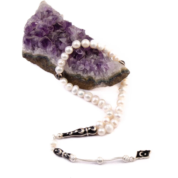 Doğal Kesim Gümüşlü Kuyumcu İncisi Gümüş Püsküllü Tesbih - Resim 2