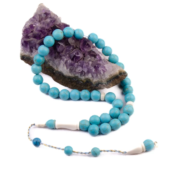 Özel Seri Hortumlu İmame Ara Duraklı Firuze Taşı Küre Kesim 10x10 mm Sistem Püsküllü Tesbih - Resim 2