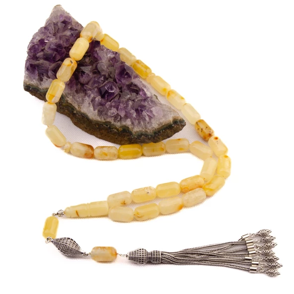 Kapsül Kesim 14x8 mm Damla Kehribar Gümüş Püsküllü Tesbih 34,70 GRAM - Resim 2