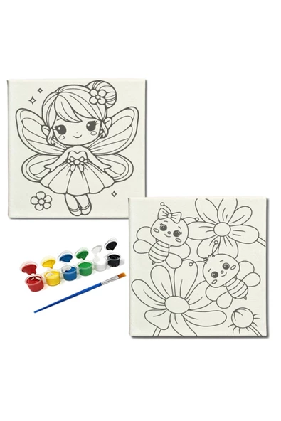 dudugift OKUL Etkinliği-2'li Tuval Boyama Seti. 20x20 Cm Uv Baskı 6 Akrilik Boya 1 Fırça-model-168