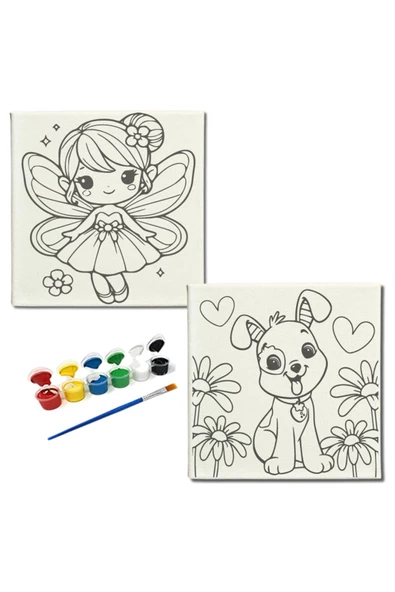 dudugift OKUL Etkinliği-2'li Tuval Boyama Seti. 20x20 Cm Uv Baskı 6 Akrilik Boya 1 Fırça-model-174