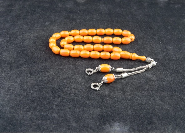 Kapsül Kesim 12x9mm Sıkma Kehribar Alpaka Püsküllü Tesbih - Resim 2