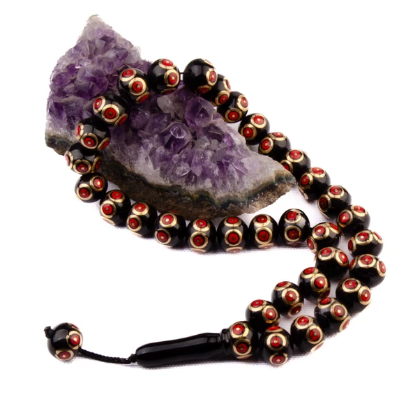 Küre Kesim 13x11 mm Gürcü Oltu Taşı Sistem Püsküllü Tesbih - Resim 2