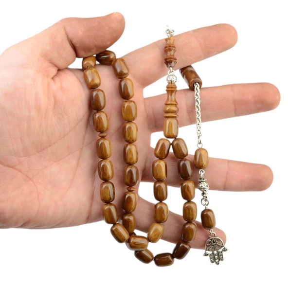 Kapsül Kesim 11x8 mm Sıkma Kehribar Alpaka Püsküllü Tesbih - Resim 2