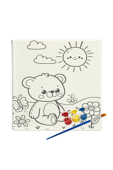 dudugift OKUL Etkinliği 20x20 Resimli Tuval Çocuk Boyama Seti-Ayıcık_model15 resimli 3 boya 1 fırça