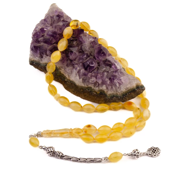 Arpa Kesim 12x8 mm Damla Kehribar Gümüş Püsküllü Tesbih 18,40 GRAM - Resim 2