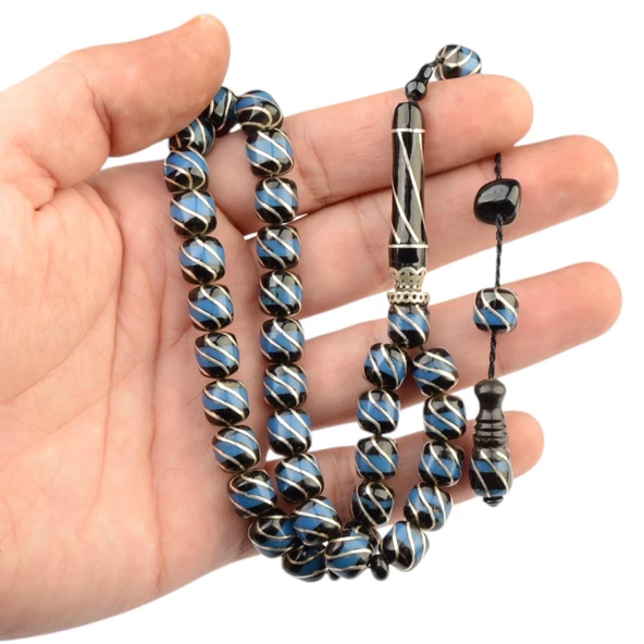 İşlemeli Erzurum Oltu Taşı Fıçı Kesim 9x9 mm Sistem Püsküllü Tesbih - Resim 2