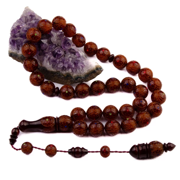 Özel Seri Usta İşi Küre Kesim 15x15 mm Sıkma Kehribar Sistem Püsküllü Tesbih - Resim 2