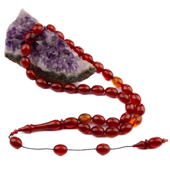 Özel Seri İri Boy Arpa Kesim 14x11 mm Sıkma Kehribar Sistem Püsküllü Tesbih - Resim 2