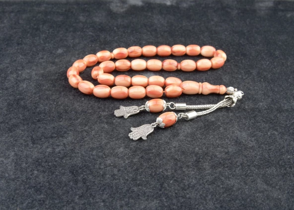 Kapsül Kesim 12x9mm Sıkma Kehribar Alpaka Püsküllü Tesbih - Resim 2