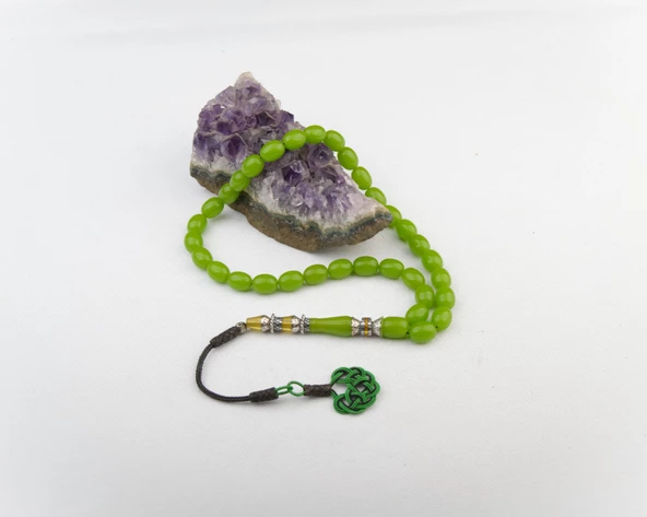 Nakkaş İmame İşçilikli Sıkma Kehribar Tesbih 11x8mm Alpaka Püskül - Resim 2