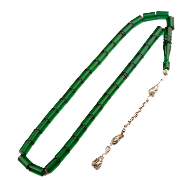 Kesme Kesim 11x7 mm Ateş Kehribar Alpaka Püsküllü Tesbih