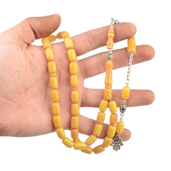 Kapsül Kesim 12x8 mm Sıkma Kehribar Alpaka Püsküllü Tesbih - Resim 2