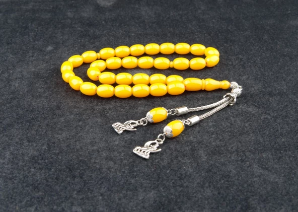 Kapsül Kesim 12x9mm Sıkma Kehribar Alpaka Püsküllü Tesbih - Resim 2