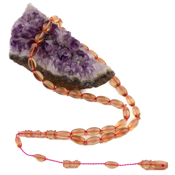 Şeffaf Beyzi Kesim 12x7 mm Ateş Kehribar Sistem Püsküllü Tesbih - Resim 2