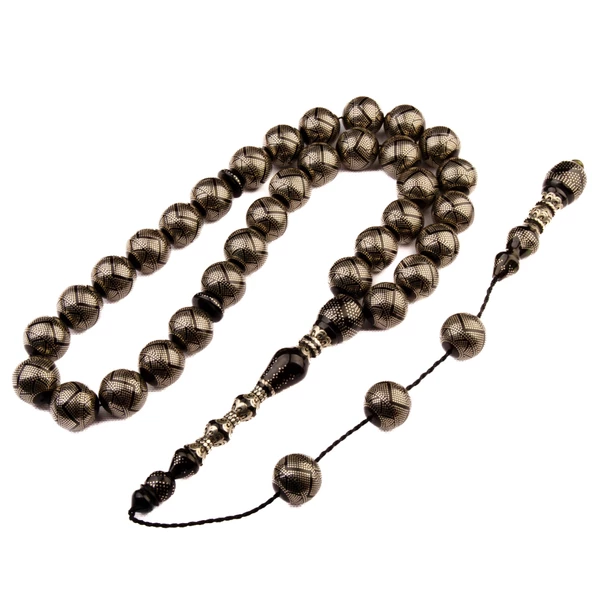 Koleksiyonluk Özel Seri Full Gümüş İşlemeli Küre Kesim 19x19 mm Ateş Kehribarı Sistem Püsküllü Tesbih ürün görseli 1