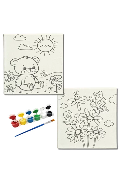 dudugift OKUL Etkinliği-2'li Tuval Boyama Seti. 20x20 Cm Uv Baskı 6 Akrilik Boya 1 Fırça-model-187