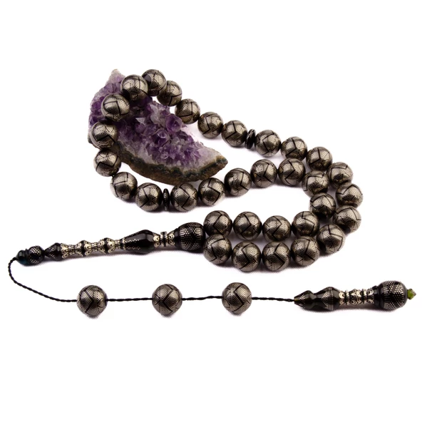 Koleksiyonluk Özel Seri Full Gümüş İşlemeli Küre Kesim 19x19 mm Ateş Kehribarı Sistem Püsküllü Tesbih - Resim 2