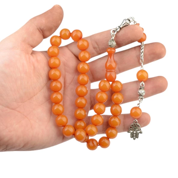 Küre Kesim 10x10 mm Sıkma Kehribar Alpaka Püsküllü Tesbih - Resim 2