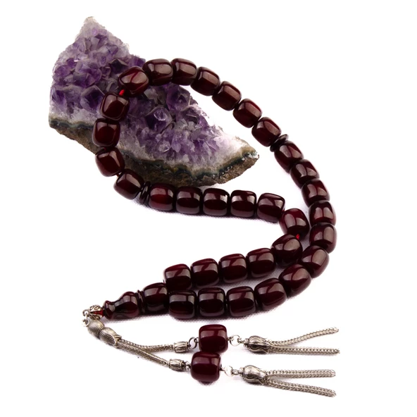 Koleksiyonluk Osmanlı Benzetme Fıçı Kesim 12x12 mm Sıkma Kehribar Alpaka Püsküllü Tesbih - Resim 2