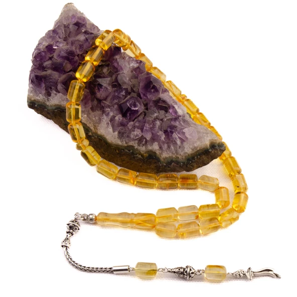 Kapsül Kesim 10x7 mm Damla Kehribar Gümüş Püsküllü Tesbih 19,10 GRAM - Resim 2