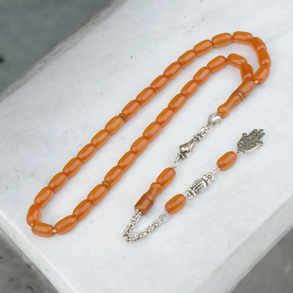 Kapsül Kesim 11x7 mm Sıkma Kehribar Alpaka Püsküllü Tesbih