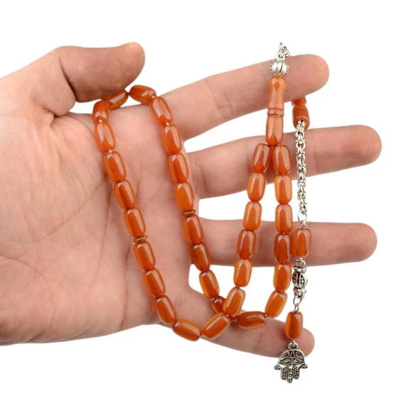 Kapsül Kesim 11x7 mm Sıkma Kehribar Alpaka Püsküllü Tesbih - Resim 2