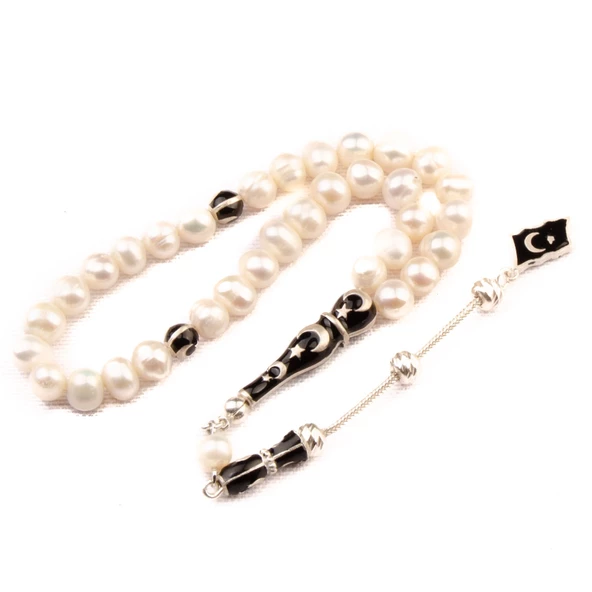 Doğal Kesim Gümüşlü Kuyumcu İncisi Gümüş Püsküllü Tesbih ürün görseli 1