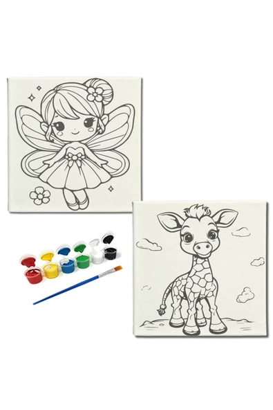 dudugift OKUL Etkinliği-2'li Tuval Boyama Seti. 20x20 Cm Uv Baskı 6 Akrilik Boya 1 Fırça-model-166
