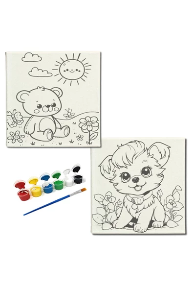 dudugift OKUL Etkinliği-2'li Tuval Boyama Seti. 20x20 Cm Uv Baskı 6 Akrilik Boya 1 Fırça-model-184