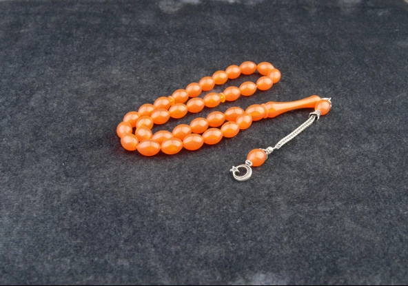 Arpa Kesim 11x8mm Beyrut Kehribarı Alpaka Püsküllü Tesbih - Resim 2