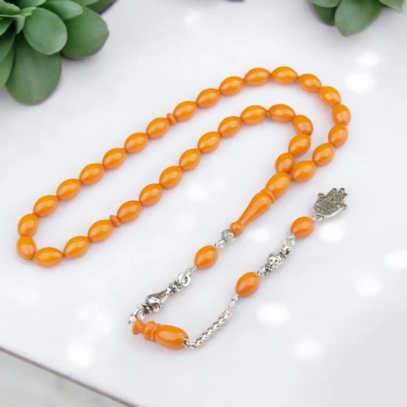 Arpa Kesim 12x8 mm Sıkma Kehribar Alpaka Püsküllü Tesbih ürün görseli 1