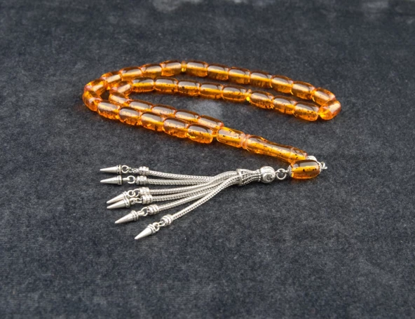 Kapsül Kesim 12x8mm Fosilli Beyrut Kehribarı Alpaka Püsküllü Tesbih - Resim 2