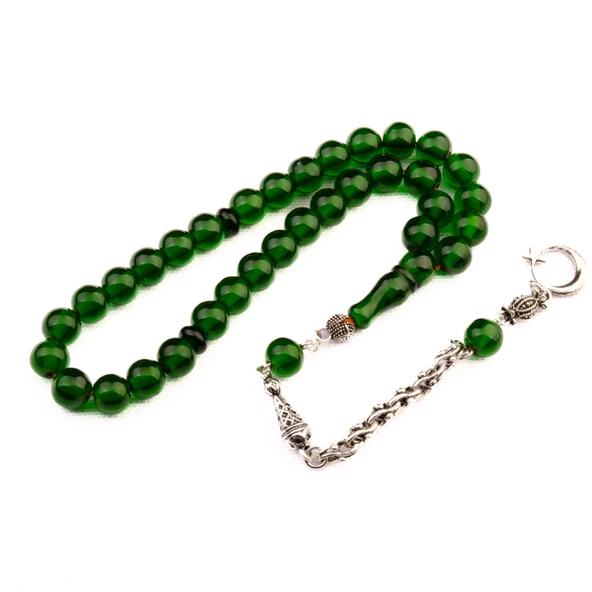 Küre Kesim 9X8 Bilek Boy Ateş Kehribarı Alpaka Püsküllü Tesbih ürün görseli 1