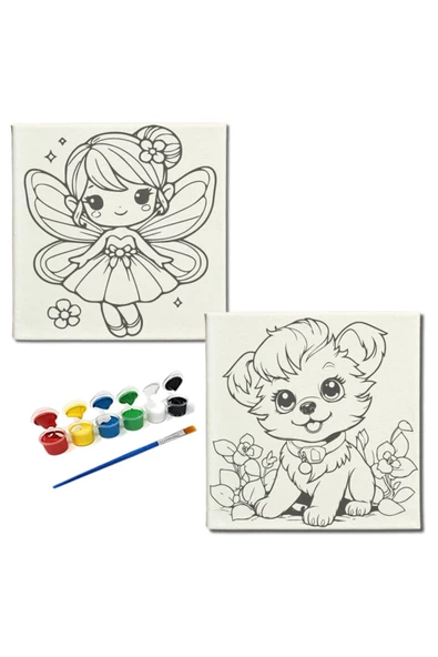 dudugift OKUL Etkinliği-2'li Tuval Boyama Seti. 20x20 Cm Uv Baskı 6 Akrilik Boya 1 Fırça-model-175