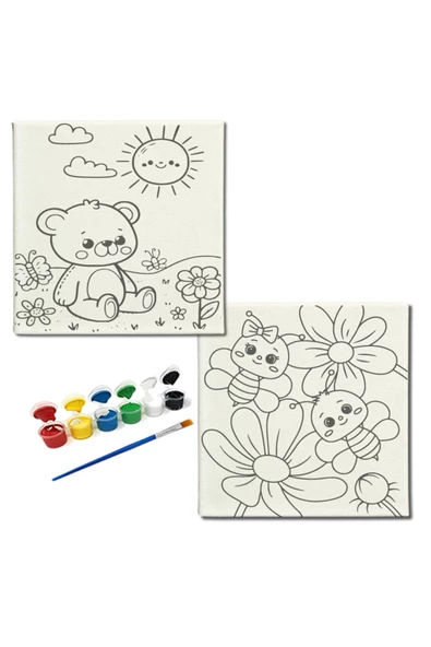 dudugift OKUL Etkinliği-2'li Tuval Boyama Seti. 20x20 Cm Uv Baskı 6 Akrilik Boya 1 Fırça-model-181