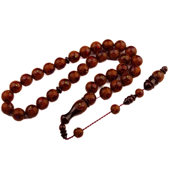 Özel Seri Usta İşi Küre Kesim 15x15 mm Sıkma Kehribar Sistem Püsküllü Tesbih ürün görseli 1