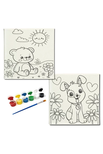 dudugift OKUL Etkinliği-2'li Tuval Boyama Seti. 20x20 Cm Uv Baskı 6 Akrilik Boya 1 Fırça-model-185