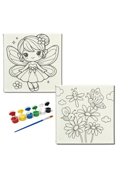 dudugift OKUL Etkinliği-2'li Tuval Boyama Seti. 20x20 Cm Uv Baskı 6 Akrilik Boya 1 Fırça-model-172