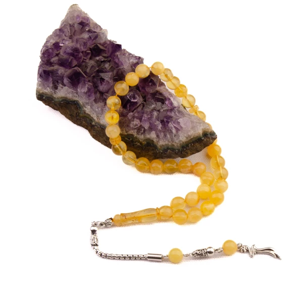 Küre Kesim 8x8 mm Damla Kehribar Gümüş Püsküllü Tesbih 14,10 GRAM ürün görseli 1